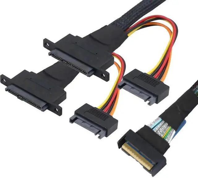Alt view image 2 of 5 - Aomoproing PCIe 5.0 Slimline MCIO 8i 74P to Dual SFF-8639 Cable with 15-Pin Power Connectors \u2013 High-Speed 32Gbps Server Data Cable Compatible with U.2 SSDs and Storage Systems (1m/39.37in)