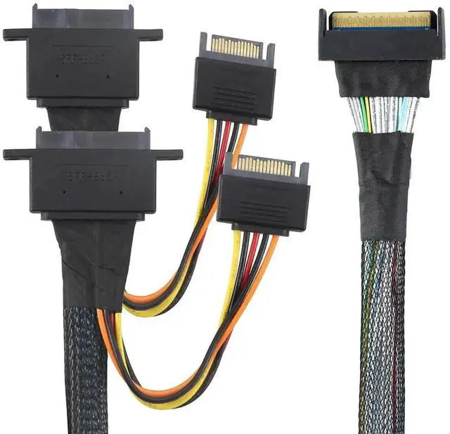 Alt view image 4 of 5 - Aomoproing PCIe 5.0 Slimline MCIO 8i 74P to Dual SFF-8639 Cable with 15-Pin Power Connectors \u2013 High-Speed 32Gbps Server Data Cable Compatible with U.2 SSDs and Storage Systems (1m/39.37in)