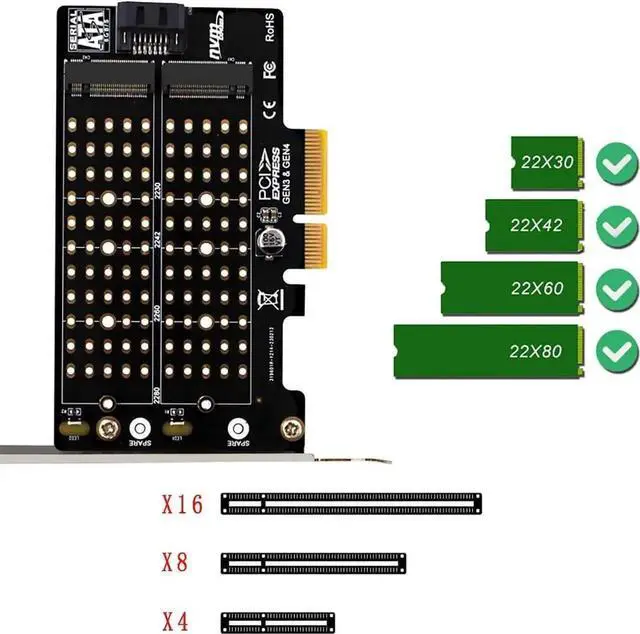 Alt view image 6 of 6 - Aomoproing PH42 Dual M.2 NVMe & NGFF SSD to PCIe Adapter 32Gbps /6Gbps Supports M-Key & B-Key B+M Key SSD Support X4 X8 X16 Slot with SATA Cable
