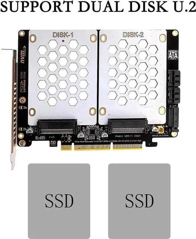 Alt view image 6 of 7 - Aomoproing PH46-2 PCIE4.0 X8 to Dual Disk SFF8639 U.2 NVME and SATA 2.5" HDD Extension Card Support X4X4 Split