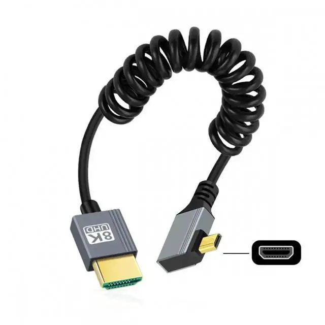 Alt view image 5 of 7 - Aomoproing 90 Degree Right Angled Micro HDMI 2.1 Male Type-D to HDMI Male 8K 60hz Stretch Coiled Cable 100cm for HDTV Camera Laptop Monitor