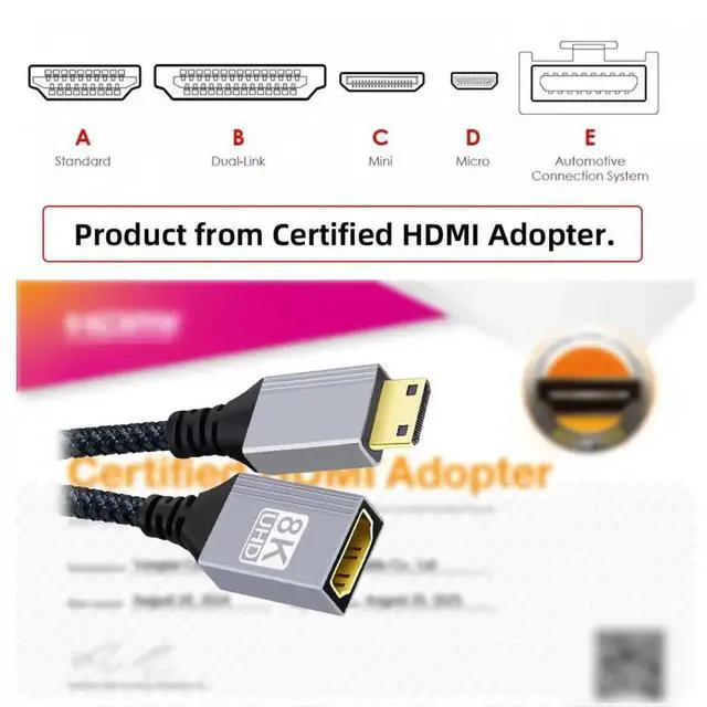 Alt view image 4 of 7 - Aomoproing Cable 8K Type-C Mini HDMI 2.1 Male to HDMI Female Extension HDTV Cable for DV Camera Laptop Portable Monitor