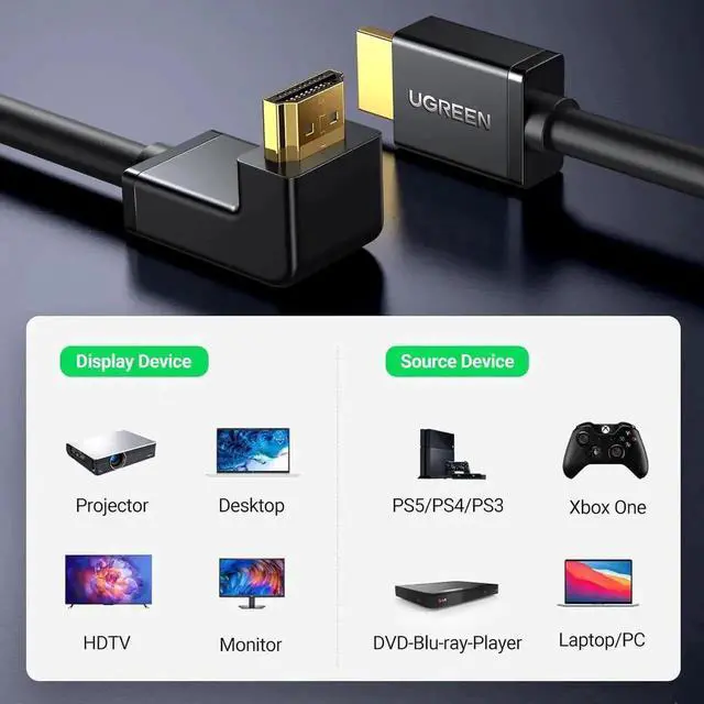 Alt view image 2 of 7 - Aomoproing UGREEN HDMI Cable Right Angle 4K 90 Degree HDMI Cord High Speed Down Angle HDMI 2.0 Cable, 4K@60Hz HD 3D 1080P ARC Compatible for Laptop Monitor Nintendo Switch Xbox PS5 PC TV 6.6FT