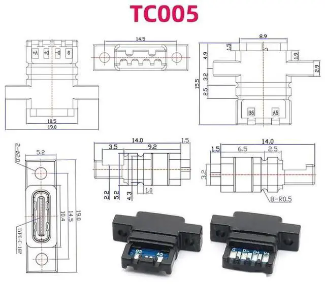 Alt view image 3 of 7 - Aomoproing 5pcs/set DIY OEM Type C Female Socket Connector to 6Pin PCBA Pinout Vertical Scew Mount Type DC 5V/20V PD Power
