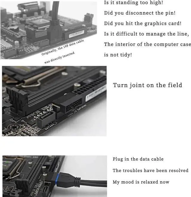 Alt view image 3 of 6 - Aomoproing 3Pcs PH19 Motherboard USB 3.0 19P 20P to 90-Degree Connector Adapter Vertical Header to Right Angle Adapter for Desktop Chassis CPU Wiring Beautification (PH19A - Black)