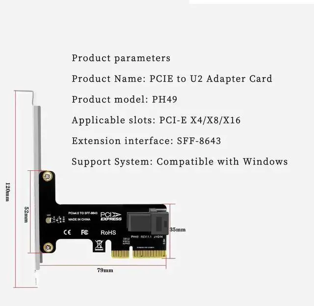 Alt view image 4 of 7 - Aomoproing PH49 PCIE4.0 X4 to U.2 SFF-8643 Expansion Card Server NVMe SSD Solid-State Drive Connector Support PCI-E Express X4/X8/X16 (Half-Height Baffle)