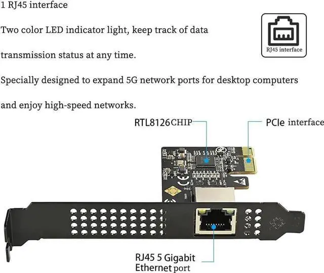 Alt view image 5 of 6 - Aomoproing IO-PCE8126-GLAN PCIe X1 to 1Port 5G RJ45 Net Work Card PXE Diskless Boot Net Work Adapter Support Desktop, Server, NAS Soft Routing