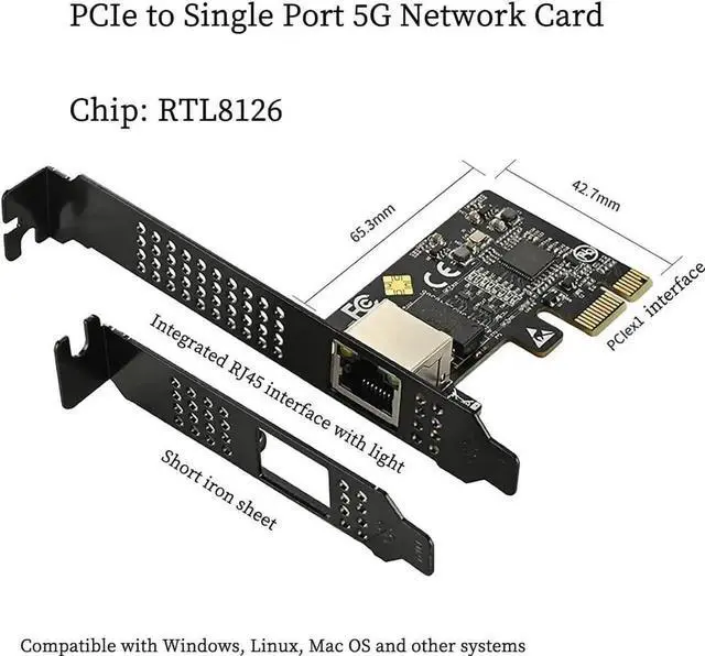 Alt view image 3 of 6 - Aomoproing IO-PCE8126-GLAN PCIe X1 to 1Port 5G RJ45 Net Work Card PXE Diskless Boot Net Work Adapter Support Desktop, Server, NAS Soft Routing