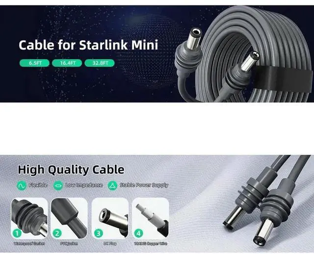 Alt view image 3 of 6 - Aomoproing DC Power Cable for Mini Satellite System, Compatible with Starlink Mini, 18AWG Pure Copper, Waterproof Outdoor Power Cord with DC Plug (196.85, Inches)