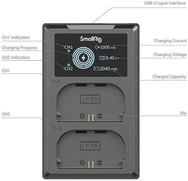 Alt view image 6 of 7 - WISDUM SmallRig 2x LP-E6NH 14.69Wh 7.2V 2040mAh Camera Battery and Dual Charger Kit