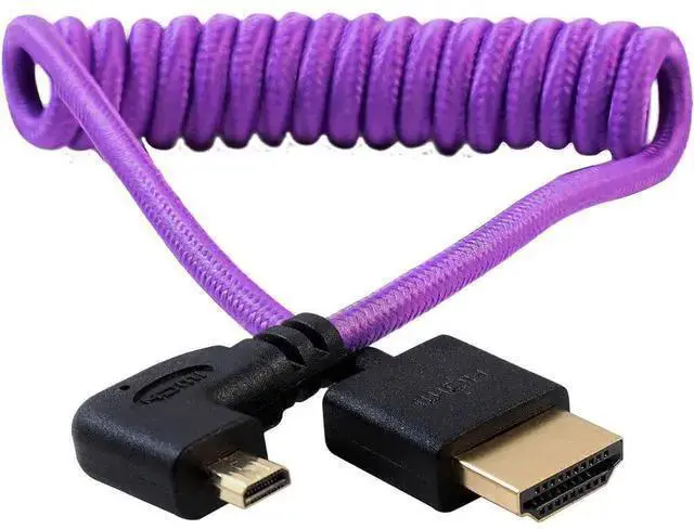 Alt view image 2 of 4 - WISDUM Kondor Blue 12-24" Gerald Undone Limited Edition Full HDMI to Right Angle Micro-HDMI Coiled Cable for R5 & R6 Cameras, Purple