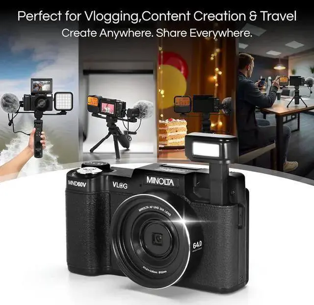 Alt view image 4 of 7 - WISDUM Minolta MND60V 64 MP Autofocus / 4K60FPS Ultra HD VLOG Camera Kit