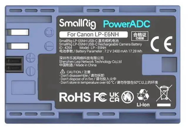Alt view image 3 of 7 - WISDUM SmallRig LP-E6NH 17.28Wh 7.2V 2400mAh USB-C Rechargeable Lithium-Ion Battery for Camera