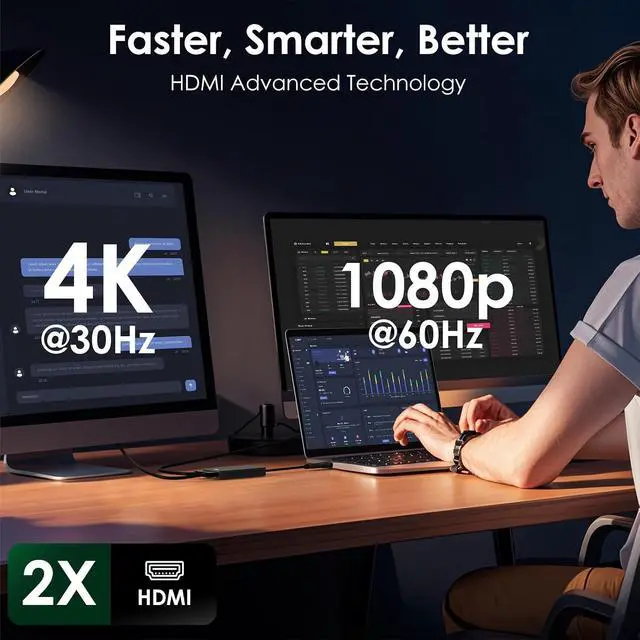 Alt view image 2 of 7 - HDMI Splitter for Dual Monitors, Universal Video Graphics Adapter for Thunderbolt 5/4/3, USB 4, USB-A/C, Mac and Windows, USB-C to 4K@30Hz &1080p@60Hz HDMI Extender for Windows & MacBook