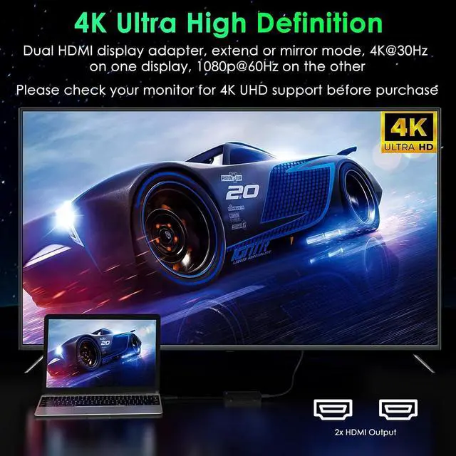 Alt view image 7 of 7 - HDMI Splitter for Dual Monitors, Universal Video Graphics Adapter for Thunderbolt 5/4/3, USB 4, USB-A/C, Mac and Windows, USB-C to 4K@30Hz &1080p@60Hz HDMI Extender for Windows & MacBook