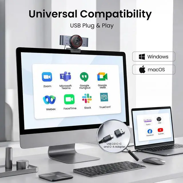 Alt view image 7 of 7 - C960 Ultra 4K Webcam for Mac & PC, 1/1.5" Large Sensor, Metal Body, 0.2s Autofocus, DRC, Whiteboard Mode, Built-in Privacy Cover, 2 Mics, USB Webcam 4K for Meetings, Streaming & Content Creation