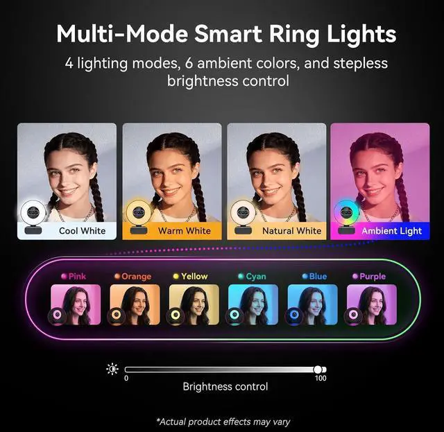 Alt view image 5 of 7 - S600L 4K Webcam for Streaming with Ring Light, 4 Lighting Modes, Rainbow Effect, 1/2" Sensor, AI Imaging, 0.2S PDAF, 2 Mics, Dial Control, 4K Webcam with Light for OBS/Twitch/YouTube/Zoom/PC/Mac