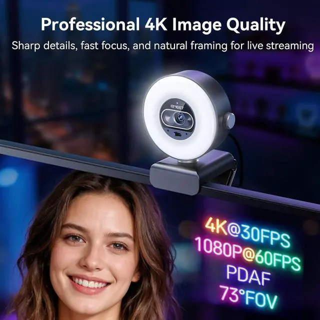 Alt view image 2 of 7 - S600L 4K Webcam for Streaming with Ring Light, 4 Lighting Modes, Rainbow Effect, 1/2" Sensor, AI Imaging, 0.2S PDAF, 2 Mics, Dial Control, 4K Webcam with Light for OBS/Twitch/YouTube/Zoom/PC/Mac