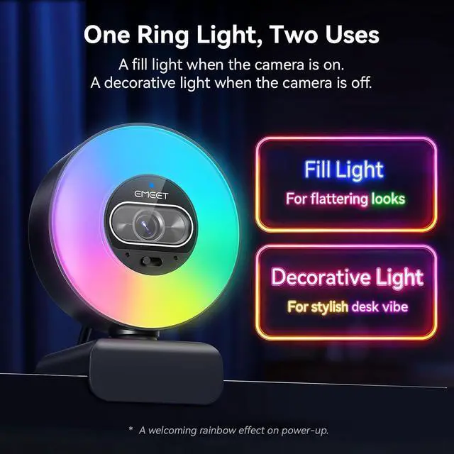 Alt view image 6 of 7 - S600L 4K Webcam for Streaming with Ring Light, 4 Lighting Modes, Rainbow Effect, 1/2" Sensor, AI Imaging, 0.2S PDAF, 2 Mics, Dial Control, 4K Webcam with Light for OBS/Twitch/YouTube/Zoom/PC/Mac