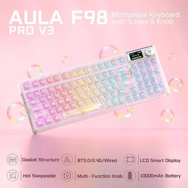 Alt view image 2 of 7 - AULA F98 Pro V3 Wireless Mechanical Keyboard with Screen & Knob,Hot Swappable Pink Gaming Keyboard,Clear Keycap RGB Backlit Gasket Mount Creamy Keyboards with Number Pad for Office PC,10000mAh Battery