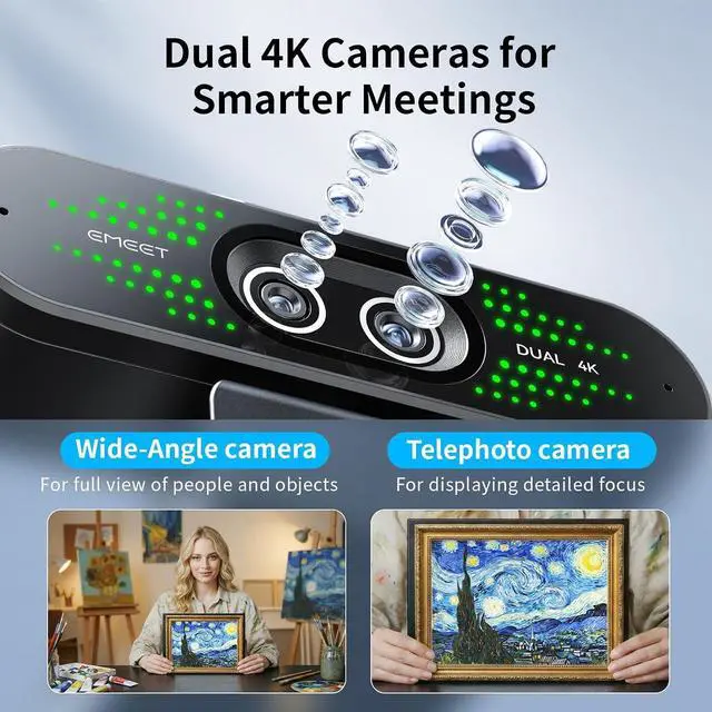 Alt view image 3 of 7 - NOVA 4K Dual-Camera 4K Webcam for PC, Wide-Angle and Telephoto Cameras, Max 11X Hybrid Zoom, PDAF Focus, Remote Control, RGB Lights, Webcam with Microphone for Business or Personal Online Calls