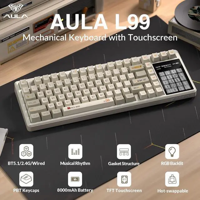 Alt view image 2 of 7 - Aula L99 Wireless Mechanical Gaming Creamy Keyboard with Smart Touch Screen | Tri-Mode Hot Swappable Custom Keyboard,RGB Backlit,PBT Keycap,Gasket Mount Creamy Sounding Keyboards for Office PC,84 Keys