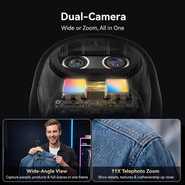 Alt view image 3 of 7 - Piko Dual-Camera 4K Webcam for Streaming, Wide-Angle & Telephoto Cameras, Max 11X Hybrid Zoom, 0.2s Autofocus, Remote Control, 3 Mics, Panda Privacy Cover, USB C-C&C-A, for Streaming/Work/Study