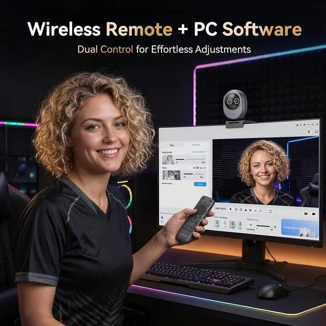Alt view image 6 of 7 - Piko Dual-Camera 4K Webcam for Streaming, Wide-Angle & Telephoto Cameras, Max 11X Hybrid Zoom, 0.2s Autofocus, Remote Control, 3 Mics, Panda Privacy Cover, USB C-C&C-A, for Streaming/Work/Study