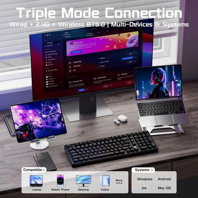 Alt view image 3 of 7 - LEOBOG HI98C Pro Wireless Mechanical Gaming Keyboard, Tri-Mode Wired/2.4G/BT5.0 Hot Swappable Aluminum Keyboards with Number Pad, RGB Backlit Gasket Mount Black Custom Keyboard for PC Gaming & Office