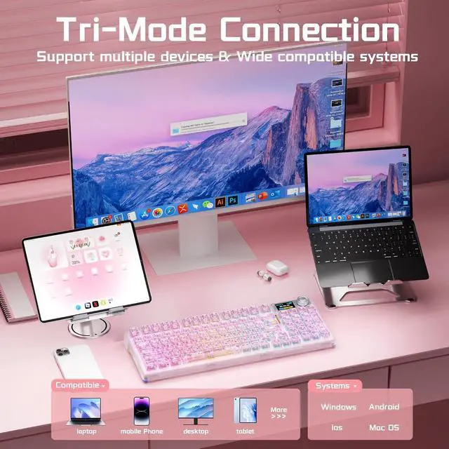 Alt view image 4 of 7 - AULA F98 Pro V3 Wireless Mechanical Keyboard with Screen & Knob,Hot Swappable Pink Gaming Keyboard,Clear Keycap RGB Backlit Gasket Mount Creamy Keyboards with Number Pad for Office PC,10000mAh Battery