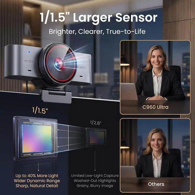 Alt view image 2 of 7 - C960 Ultra 4K Webcam for Mac & PC, 1/1.5" Large Sensor, Metal Body, 0.2s Autofocus, DRC, Whiteboard Mode, Built-in Privacy Cover, 2 Mics, USB Webcam 4K for Meetings, Streaming & Content Creation