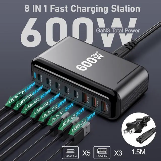Alt view image 3 of 7 - 600W USB C Charger Block, GaN III 8 Port Fast Charging Station | Charge for Multiple Devices, PD 140W 100W Laptop Charging Station for MacBook,DELL,Steam Deck,iPhone17/16/15/14,Galaxy S25