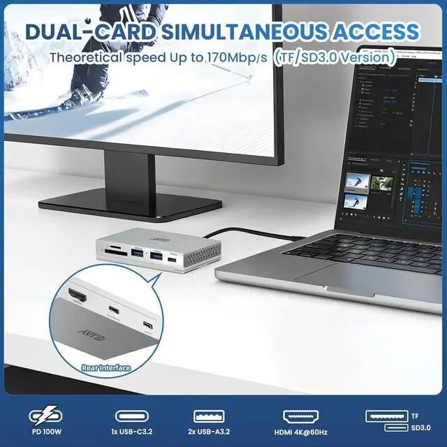Alt view image 2 of 6 - 7-in-1 Magnetic USB C Hub with 4K HDMI & 100W PD Charging, 10Gbps USB 3.0 Hub, 2 USB-A Ports, SD/TF Card Reader, Includes Sliding Rail for MacBook Pro/Air, Dell XPS, Laptop, Silver