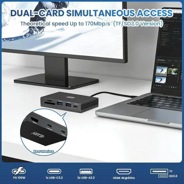 Alt view image 2 of 6 - 7-in-1 Magnetic USB C Hub with 4K HDMI & 100W PD Charging, 10Gbps USB 3.0 Hub, 2 USB-A Ports, SD/TF Card Reader, Includes Sliding Rail for MacBook Pro/Air, Dell XPS, Laptop, Black