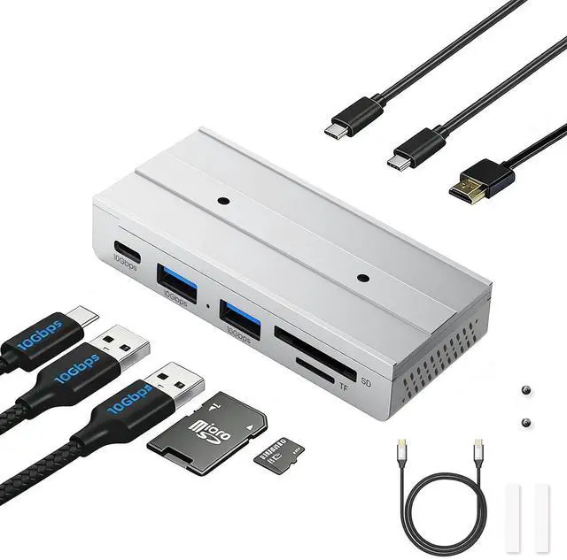 Main image of 7-in-1 Magnetic USB C Hub with 4K HDMI & 100W PD Charging, 10Gbps USB 3.0 Hub, 2 USB-A Ports, SD/TF Card Reader, Includes Sliding Rail for MacBook Pro/Air, Dell XPS, Laptop, Silver