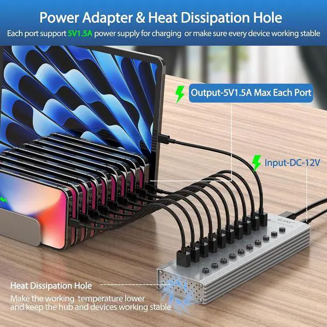 Alt view image 2 of 6 - 10-Port USB 3.0 Data Hub and Charger with Individual Power Switches with Power Adapter for Mac, PC (TGH-10U-Gray)