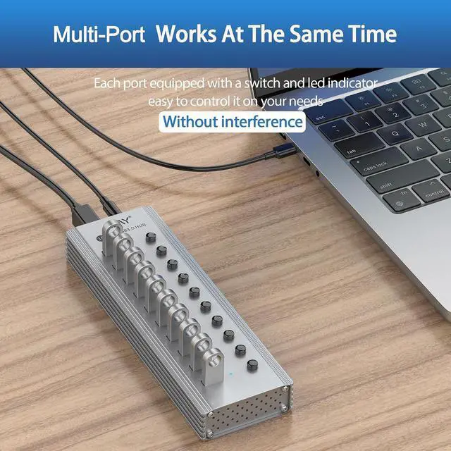 Alt view image 5 of 6 - 10-Port USB 3.0 Data Hub and Charger with Individual Power Switches with Power Adapter for Mac, PC (TGH-10U-Gray)