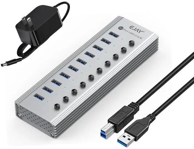 Main image of 10-Port USB 3.0 Data Hub and Charger with Individual Power Switches with Power Adapter for Mac, PC (TGH-10U-Gray)