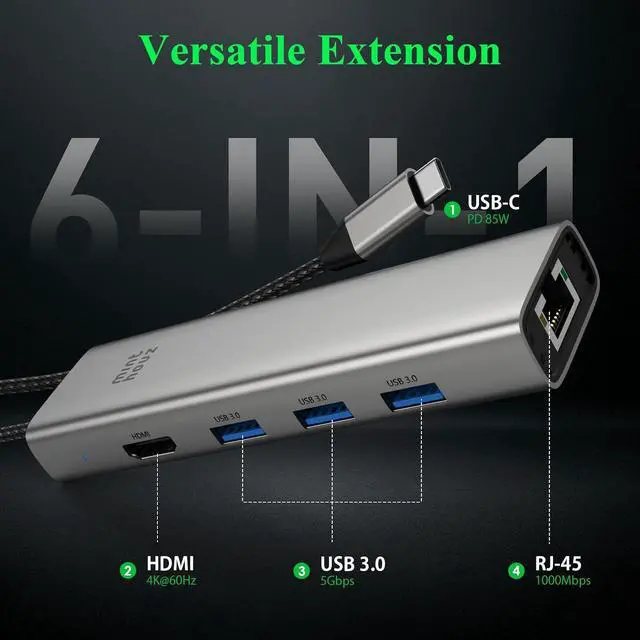 Alt view image 6 of 7 - 6-in-1 USB C Hub, 4K@60Hz HDMI, 100W PD Charging, 5Gbps USB-A Ports, 1000Mbps Ethernet, Compatible with MacBook Neo, M1/M2/M3, Surface, HP, Lenovo Laptops