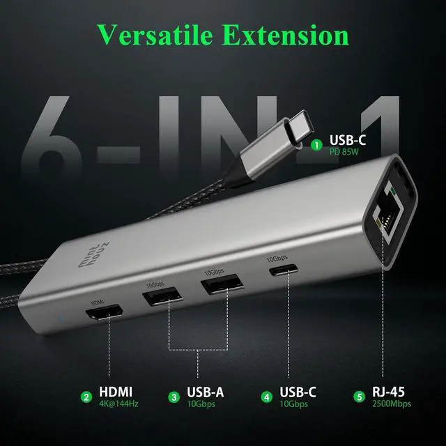 Alt view image 3 of 7 - 6-in-1 USB C Hub, 4K@144Hz HDMI, 100W PD Charging, 10Gbps USB-C/A Ports, 2.5G Ethernet, Compatible with MacBook Neo, M1/M2/M3, Surface, HP, Lenovo Laptops