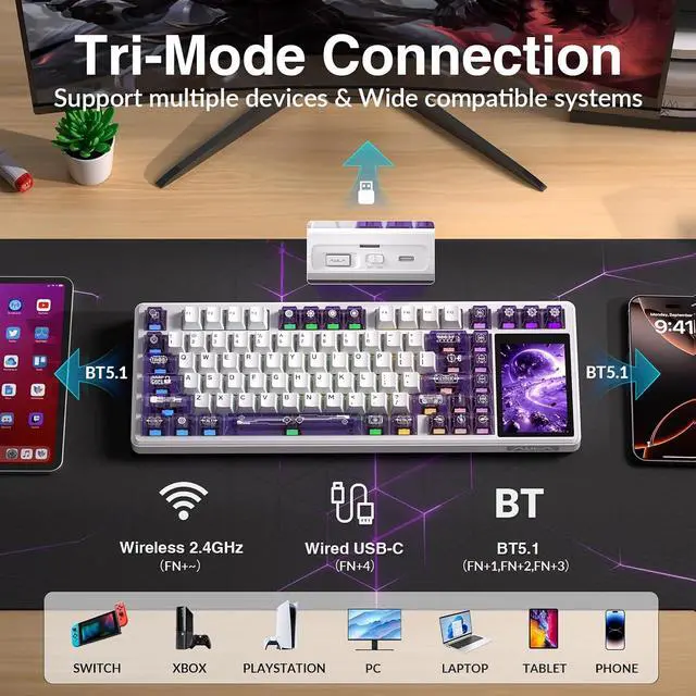 Alt view image 6 of 7 - Aula L99 Wireless Mechanical Keyboard with Smart Touch Screen,Tri-Mode Hot Swappable Custom Gaming Keyboard,RGB Backlit,PBT Keycap,Gasket Mount Creamy Sounding Computer Keyboards for Office PC,84 Keys