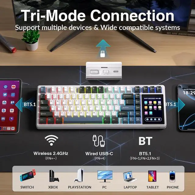 Alt view image 6 of 7 - Aula L99 Wireless Mechanical Keyboard with Smart Touch Screen,Tri-Mode Hot Swappable Custom Gaming Keyboard,RGB Backlit,PBT Keycap,Gasket Mount Creamy Sounding Computer Keyboards for Office PC,84 Keys