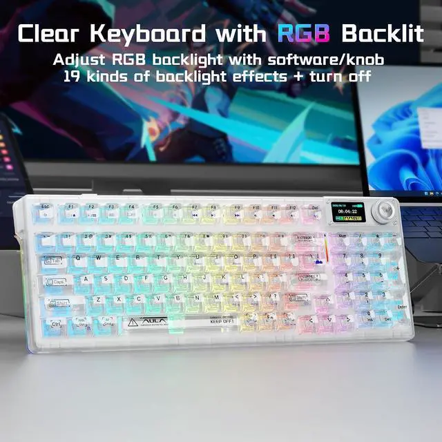 Alt view image 5 of 7 - Aula F98Pro V3 Wireless Mechanical Keyboard with Screen & Knob,Tri-Mode Hot Swappable Computer Keyboards,10000mAh Battery,Clear Keycaps RGB Backlit Gasket Mount White Gaming Keyboard for PC/Office