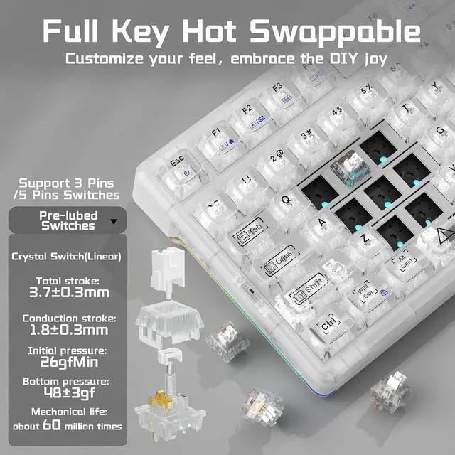 Alt view image 7 of 7 - Aula F98Pro V3 Wireless Mechanical Keyboard with Screen & Knob,Tri-Mode Hot Swappable Computer Keyboards,10000mAh Battery,Clear Keycaps RGB Backlit Gasket Mount White Gaming Keyboard for PC/Office