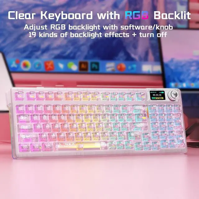Alt view image 5 of 7 - AULA F98 Pro V3 Wireless Mechanical Keyboard with Screen & Knob,Hot Swappable Pink Gaming Keyboard,Clear Keycap RGB Backlit Gasket Mount Creamy Keyboards with Number Pad for Office PC,10000mAh Battery