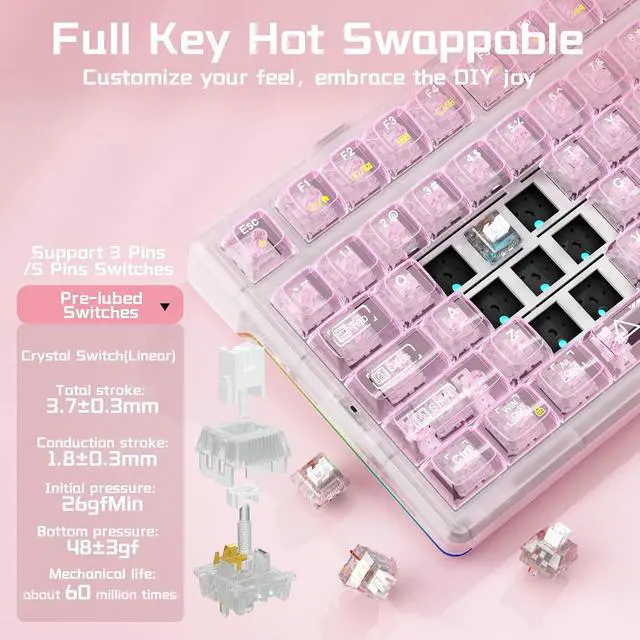Alt view image 7 of 7 - AULA F98 Pro V3 Wireless Mechanical Keyboard with Screen & Knob,Hot Swappable Pink Gaming Keyboard,Clear Keycap RGB Backlit Gasket Mount Creamy Keyboards with Number Pad for Office PC,10000mAh Battery