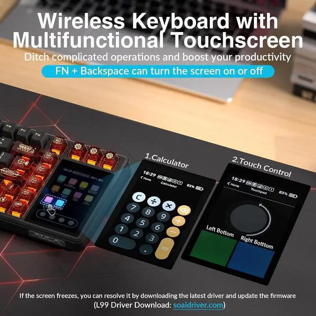 Alt view image 4 of 7 - Aula L99 Wireless Mechanical Gaming Creamy Keyboard with Smart Touch Screen | Tri-Mode Hot Swappable Custom Keyboard,RGB Backlit,PBT Keycap,Gasket Mount Creamy Sounding Keyboards for Office PC,84 Keys