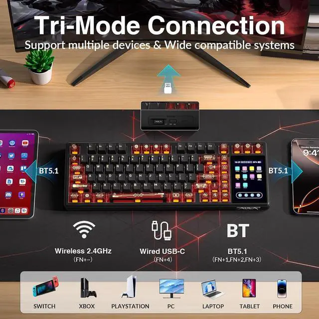 Alt view image 6 of 7 - Aula L99 Wireless Mechanical Gaming Creamy Keyboard with Smart Touch Screen | Tri-Mode Hot Swappable Custom Keyboard,RGB Backlit,PBT Keycap,Gasket Mount Creamy Sounding Keyboards for Office PC,84 Keys