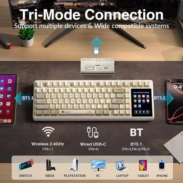 Alt view image 6 of 7 - Aula L99 Wireless Mechanical Gaming Creamy Keyboard with Smart Touch Screen | Tri-Mode Hot Swappable Custom Keyboard,RGB Backlit,PBT Keycap,Gasket Mount Creamy Sounding Keyboards for Office PC,84 Keys