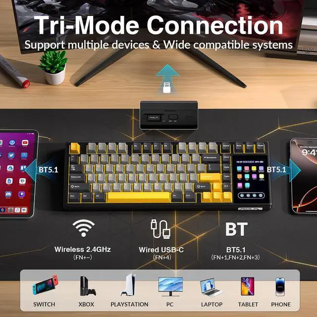 Alt view image 6 of 7 - Aula L99 Wireless Mechanical Gaming Creamy Keyboard with Smart Touch Screen | Tri-Mode Hot Swappable Custom Keyboard,RGB Backlit,PBT Keycap,Gasket Mount Creamy Sounding Keyboards for Office PC,84 Keys